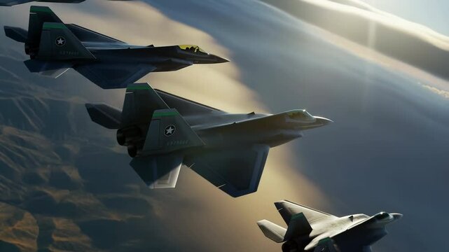 Fighter jets flying in formation with stealth aircraft through dramatic sky clouds, military aviation demonstration showcasing advanced aerospace technology and tactical flight coordination.