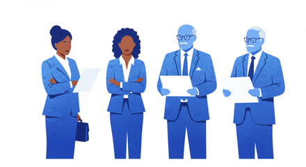 Diverse Business Team in Blue Suits Holding Papers, Standing Against White Background, Illustration, leadership skills, professional attire, business meeting, corporate world, team spirit, 