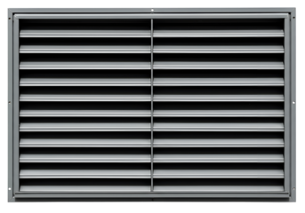 Metal louver grille provides ventilation with its sleek, horizontal blades offering both functionality and modern industrial design details.