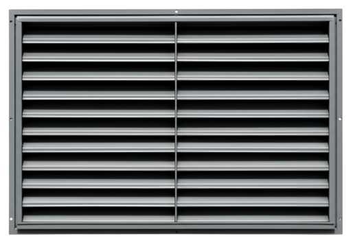 Metal louver grille provides ventilation with its sleek, horizontal blades offering both functionality and modern industrial design details.
