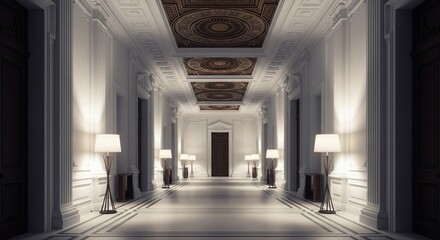 Obraz premium Elegant hallway with ornate ceiling and lamps.
