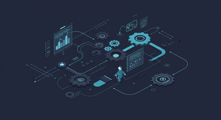 Isometric Data Visualization with Gears, Charts, and a Figure, Representing Technology and Business Processes,  technology trends, information flow, system analysis, process flow, business intelligenc