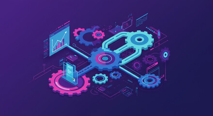 Abstract Gear System with Data Visualization on a Purple Background, Isometric Design, abstract design, gear system, data visualization, digital art, modern design, isometric perspective,