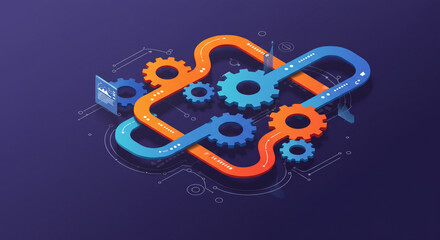 Abstract 3D Gear System with Interconnected Pathways on Dark Blue Background, abstract design, 3D...