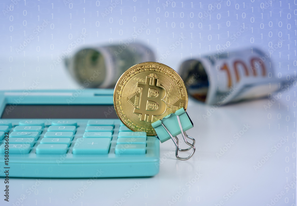 Aufkleber a close up of bitcoin coins stacked on a document with a calculator and pen in the background