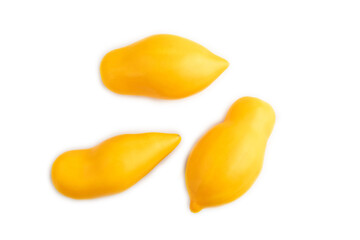Yellow tomatoes isolated on white. Top view, copy space