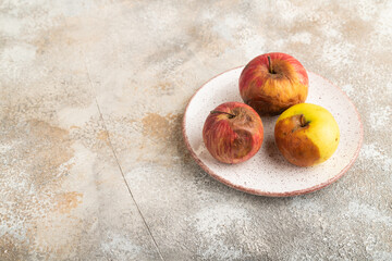 Decaying, rotting apples on ceramic plate on brown concrete. Side view, copy space