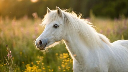 Portrait of a white pony in a meadow at sunset.