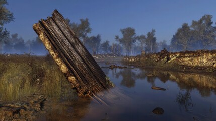 Abandoned Wooden Structure in Serene Wetland Landscape at Dawn