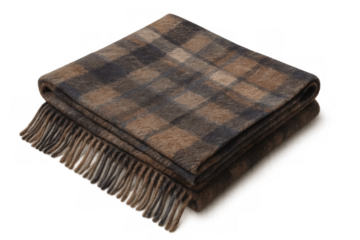 Soft brown wool blanket with checkered pattern and fringed edges, providing warmth and comfort during cold winter days
