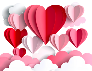 3D Paper Cut Valentine Card with Hearts and Clouds, Transparent Background