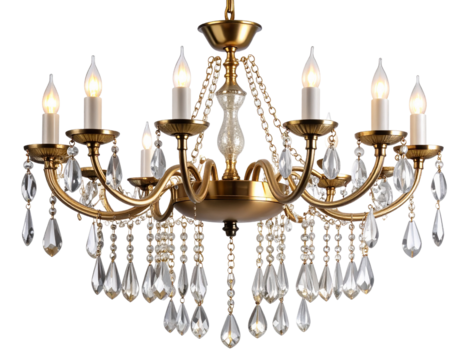 Crystal Chandelier with Hanging Prisms, isolated on transparent background