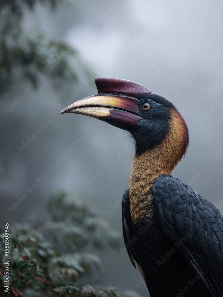 Poster unique profile view of a helmeted hornbill in a misty rainforest setting highlighting its striking f