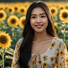 Woman smiling in a sunflower field.