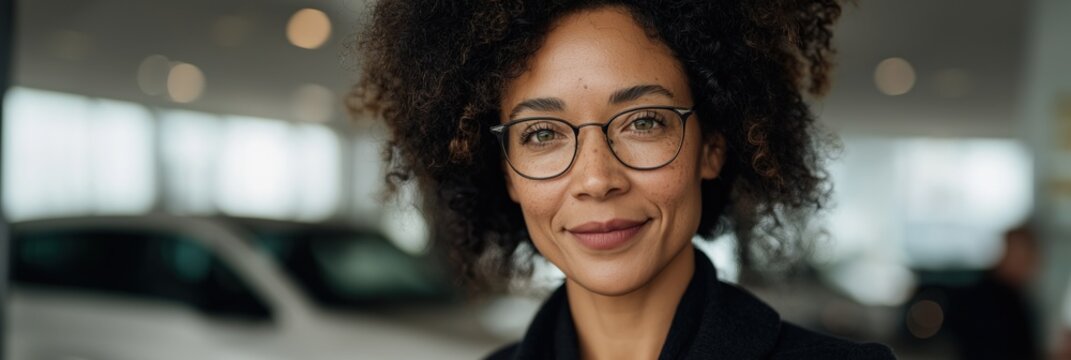 Confident african female adult with glasses smiling indoors at car showroom
