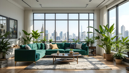Minimalist Apartment Living Room with Greenery and City Panorama