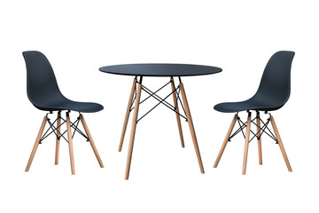 round black table and chairs with wooden legs isolated on white background. modern furniture