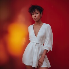 Confident young hispanic female in elegant white dress against vibrant red background