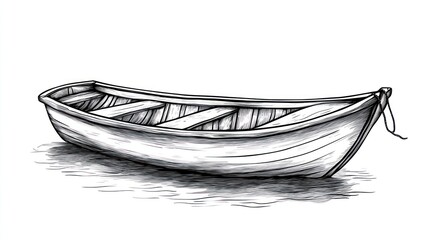Detailed line drawing of a wooden rowboat.