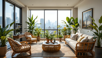 Minimalist Apartment Living Room with Greenery and City Panorama
