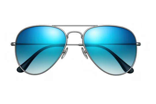 Blue gradient aviator sunglasses reflecting bright summer sky, set against transparent backdrop