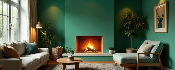Cozy Green Fireplace Living Room Warm Lighting, Relaxing Atmosphere, Perfect for Comfort and Relaxation