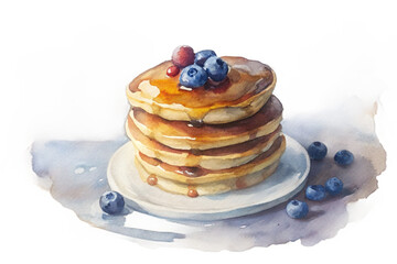 stack of pancakes with syrup and berries
