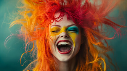 Joyful Woman with Colorful Hair and Vibrant Makeup
