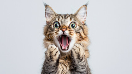 Shocked fluffy tabby cat with wide eyes and open mouth showing exaggerated expression of surprise, captured against a plain light background in a humorous pose.
