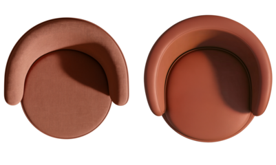 Top view of a brown felt, round-shaped chair with armrests and rounded edges, set against a white background