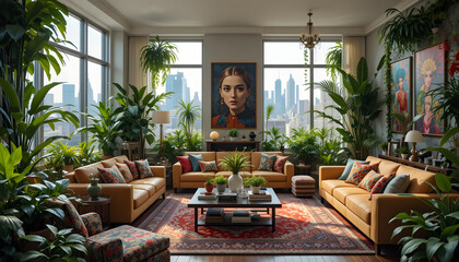 Minimalist Apartment Living Room with Greenery and City Panorama