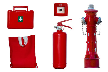 fire extinguisher, fire hydrant, first aid kit, fire alarm button and bag with fire extinguishing...