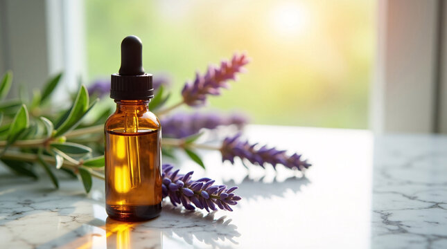 Amber glass dropper bottle with botanical facial oil on marble surface, surrounded by dried lavender, green herbs, soft sunlight filtering through window, luxury skincare flat lay