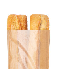 Freshly baked bread loaves emerging from paper bag with transparent background