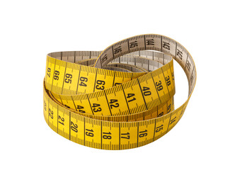 Yellow measuring tape coiled and showing numbers on transparent background