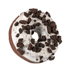 Delicious chocolate donut covered with white icing and cookie crumbles on transparent background