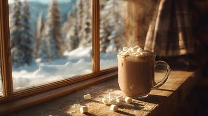 Ground level shot of creamy hot chocolate whipped cream marshmallow placed windowsill inside wooden mountain cabin snowy pine tree outside golden hour lighting cozy winter ambiance visible steam
