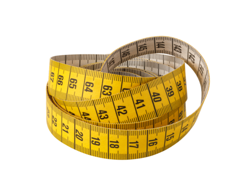 Yellow measuring tape coiled and showing numbers on transparent background