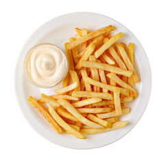 French fries with mayonnaise on white plate with transparent background