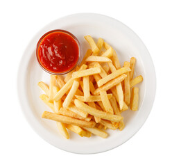 French fries with ketchup on white plate with transparent background
