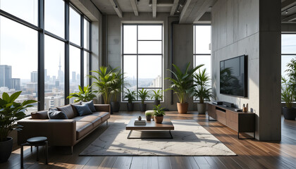 Minimalist Apartment Living Room with Greenery and City Panorama