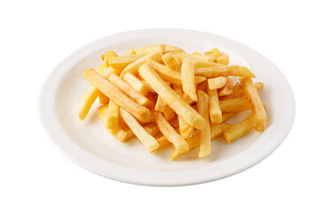 French fries served on a white plate with transparent background