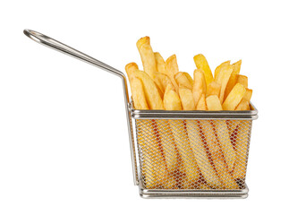 French fries overflowing a metal basket on transparent background
