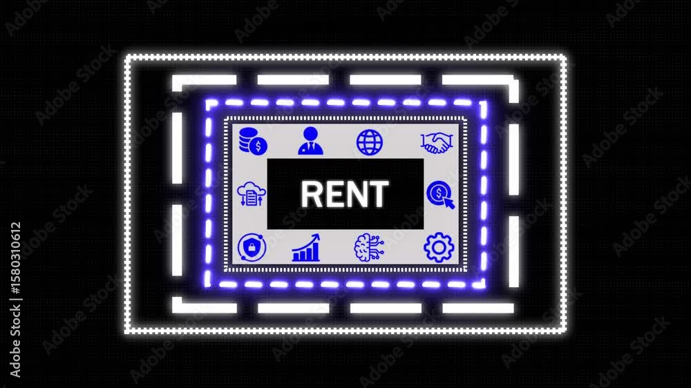 Poster a business rent concept button on a clear projection, network icon ,blue holographic advanced rectan