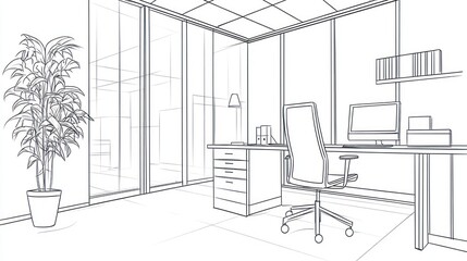 Interior line drawing of a modern office space.
