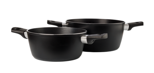 Two black cooking pots with metallic handles on transparent background