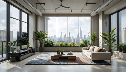 Minimalist Apartment Living Room with Greenery and City Panorama