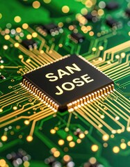 Close-up of san jose microchip on green circuit board with glowing traces