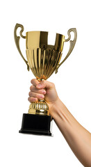 Hand holding a shiny golden winner's trophy cup for first place. Isolated on transparent background, png