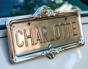 Ornate decorative license plate with charlotte engraving on vehicle